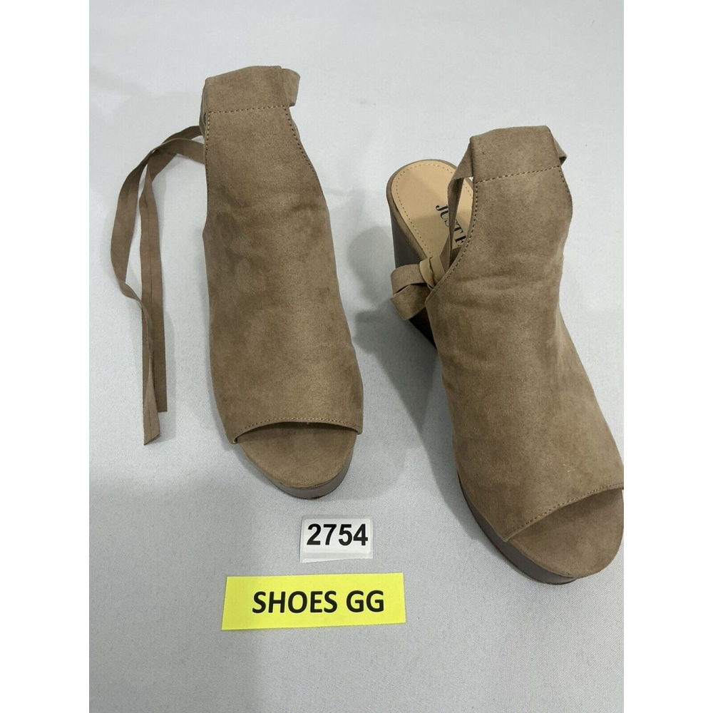 Womans Just Fab Gilina Size 8.5 Tan Faux Suede Peep Toe Strap Wedge Sandals